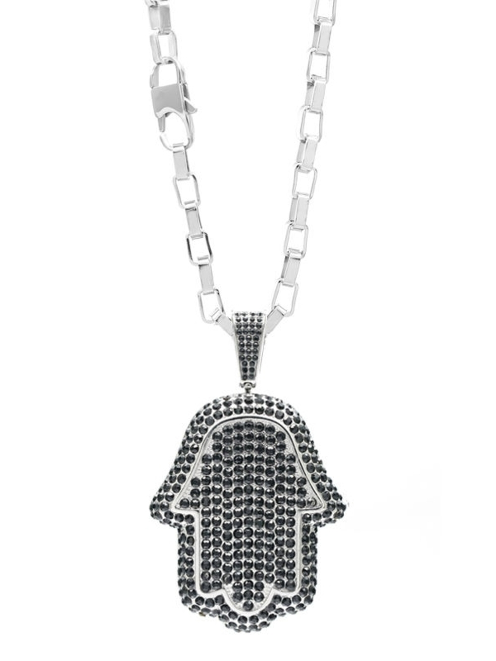 Pave Hamsa Hand Pendant Necklace in Silver and Black